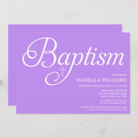 Invitation Baptême de script mauve doux (Devant / Derrière)