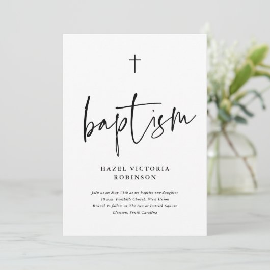 Invitation Baptême de script minimal simple (Debout devant)