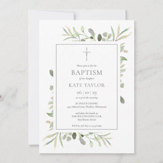Invitation Baptême de verdure aquarelle (Devant)
