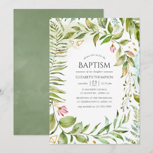 Invitation Baptême de verdure cristal géométrique (Devant / Derrière)
