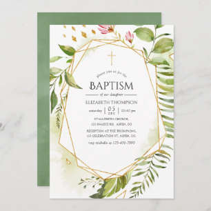 Invitation Baptême de verdure cristalline géométrique