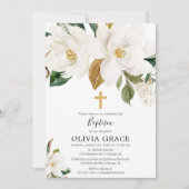 Invitation Baptême de verdure de magnolia floral blanc rustiq (Devant)