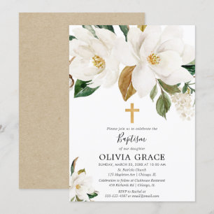 Invitation Baptême de verdure de magnolia floral blanc rustiq