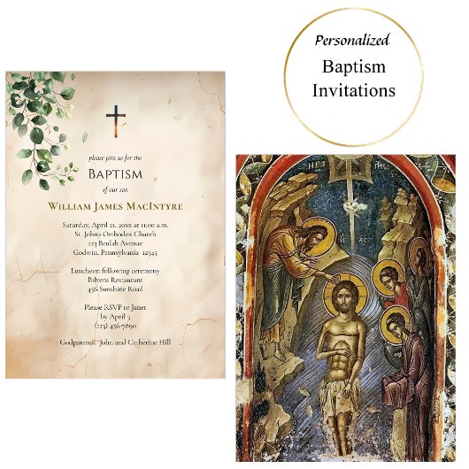 Invitation Baptême de verdure de parchemin de style antique