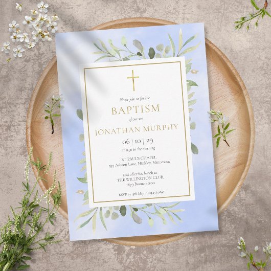 Invitation Baptême de verdure d'eucalyptus à l'aquarelle bleu