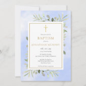 Invitation Baptême de verdure d'eucalyptus à l'aquarelle bleu (Devant)