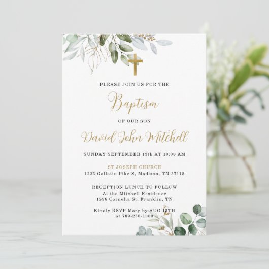 Invitation Baptême de verdure Modèle d'invitation, Vert & Or (Debout devant)