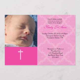 Invitation Baptême Dédication Girl rose 5x7 Damask Photo