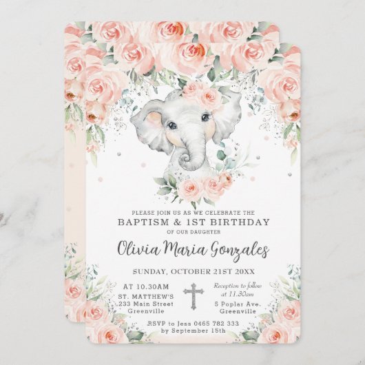 Invitation Baptême d'éléphant floral doux 1er anniversaire (Devant / Derrière)
