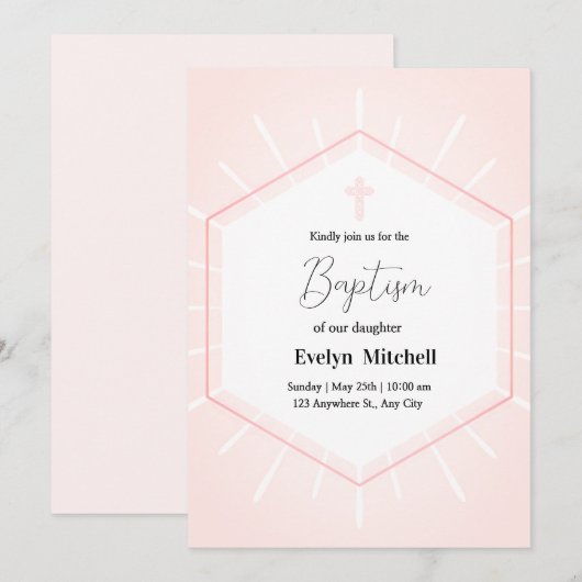 Invitation Baptême délicat rose et blanc (Devant / Derrière)