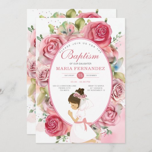 Invitation Baptême des filles roses (Devant / Derrière)