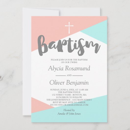 Invitation Baptême des jumeaux géométriques turquoise et rose (Devant)