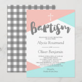 Invitation Baptême des jumeaux géométriques turquoise et rose (Devant / Derrière)