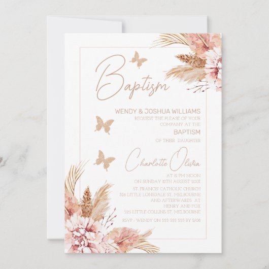 Invitation Baptême des papillons floraux du Boho rousse (Devant)