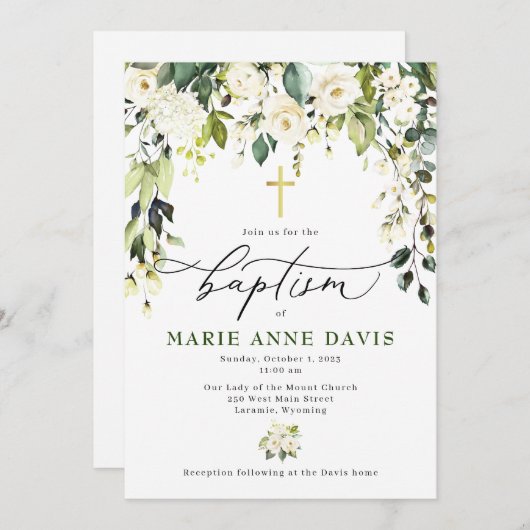 Invitation Baptême des Roses Blanches (Devant / Derrière)