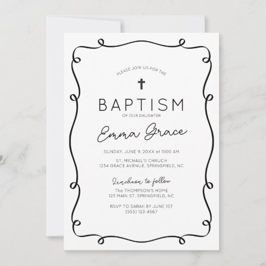 Invitation Baptême dessinée main noire et blanche (Devant)