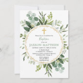 Invitation Baptême d'Eucalyptus, feuillage vert moderne (Devant)