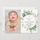 Invitation Baptême d'Eucalyptus, feuillage vert photo moderne (Devant)