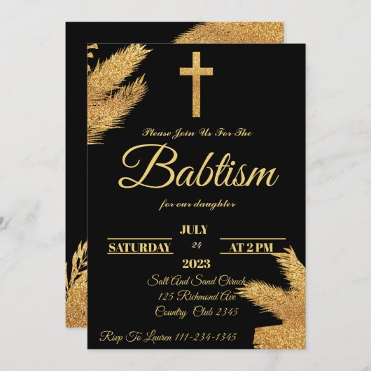 Invitation Baptême D'Herbe Pampas Or Et Noir (Devant / Derrière)