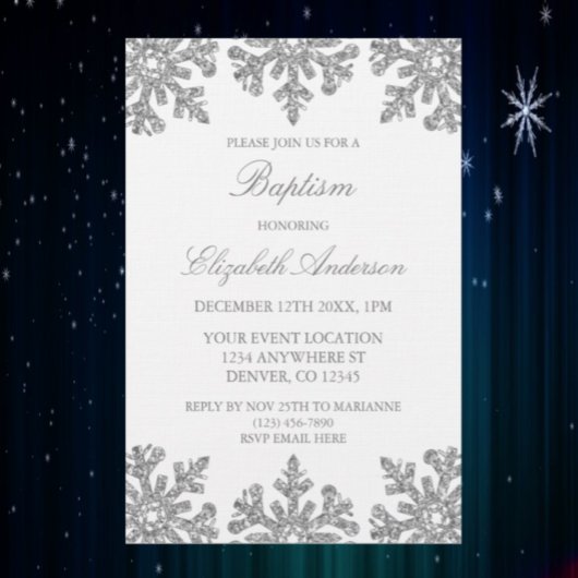 Invitation Baptême d'hiver du flocon de neige en argent