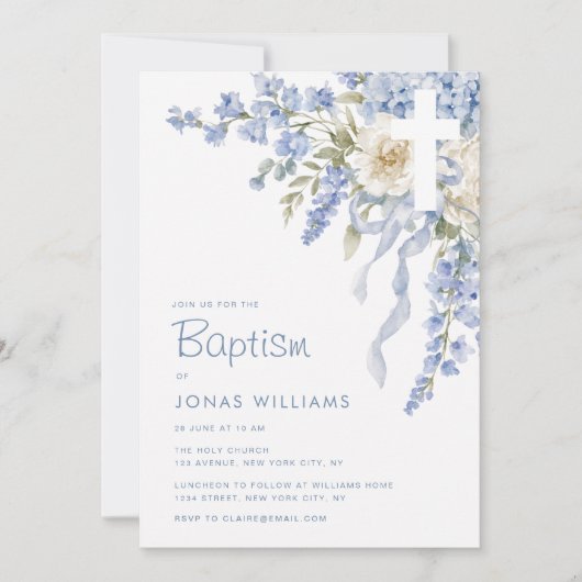 Invitation Baptême d'hortensia bleu moderne (Devant)