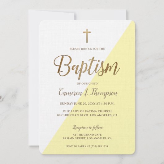 Invitation Baptême d'or blanc jaune moderne bébé (Devant)