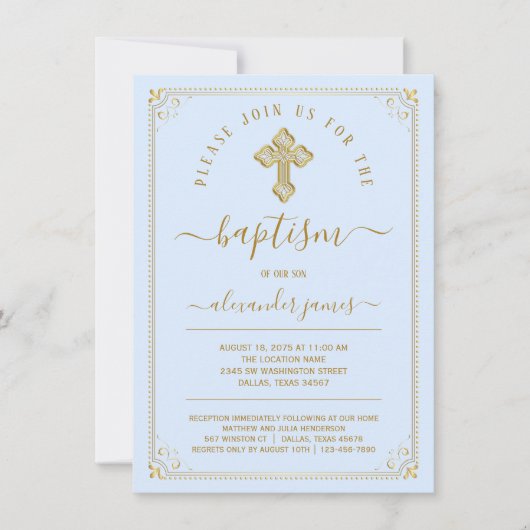 Invitation Baptême d'or bleu classique (Devant)
