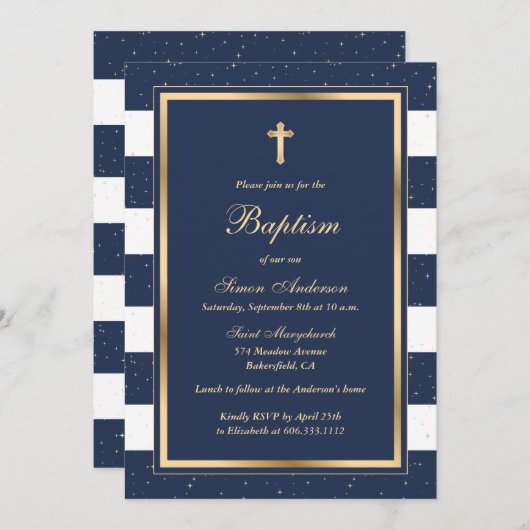 Invitation Baptême d'or bleu élégant (Devant / Derrière)