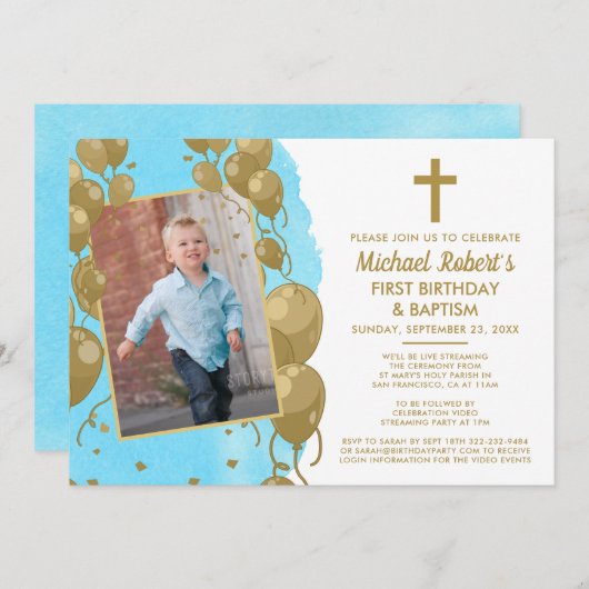 Invitation Baptême d'or bleu virtuel 1er anniversaire Texte p (Devant / Derrière)