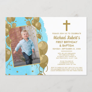 Invitation Baptême d'or bleu virtuel 1er anniversaire Texte p
