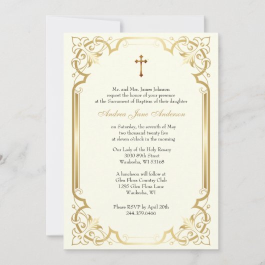 Invitation Baptême d'or catholique Lys de baptême (Devant)