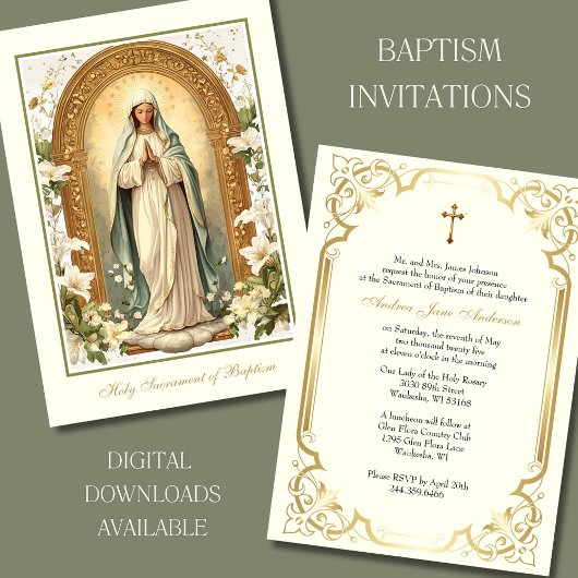 Invitation Baptême d'or catholique Lys de baptême