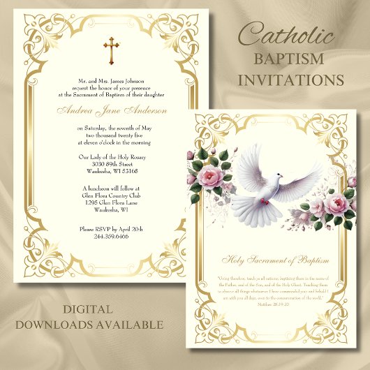 Invitation Baptême d'or catholique rose roses Christening