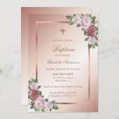 Invitation Baptême d'or florale de rose rousse (Devant / Derrière)