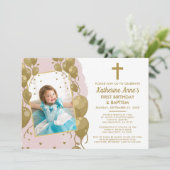 Invitation Baptême d'or rose 1er anniversaire Texte Photo (Debout devant)