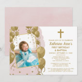 Invitation Baptême d'or rose 1er anniversaire Texte Photo (Devant / Derrière)