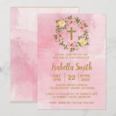Invitation Baptême d'or rose/invitation floraux de baptême (Devant / Derrière)