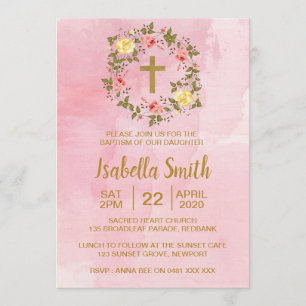 Invitation Baptême d'or rose/invitation floraux de baptême
