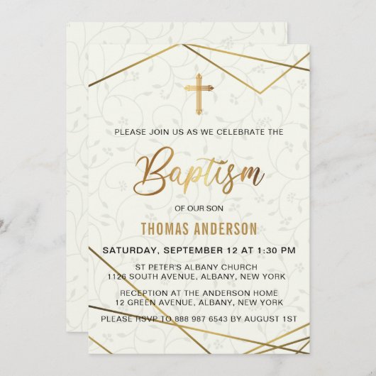 Invitation Baptême d'or Vintage classique (Devant / Derrière)