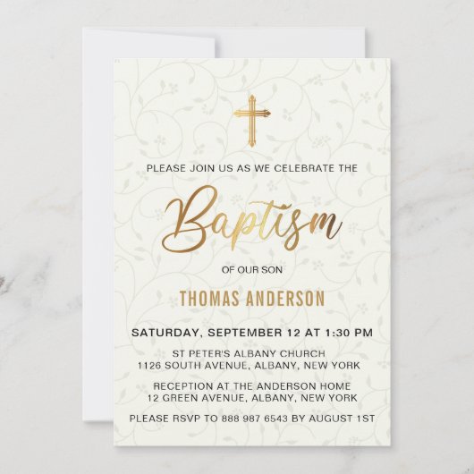 Invitation Baptême d'or Vintage classique (Devant)
