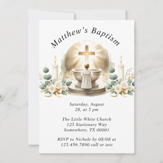 Invitation Baptême dorée Bébé Garçon Christening Baptême (Devant)