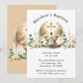 Invitation Baptême dorée Bébé Garçon Christening Baptême (Devant / Derrière)