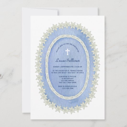 Invitation Baptême du cadre bleu ovale (Devant)