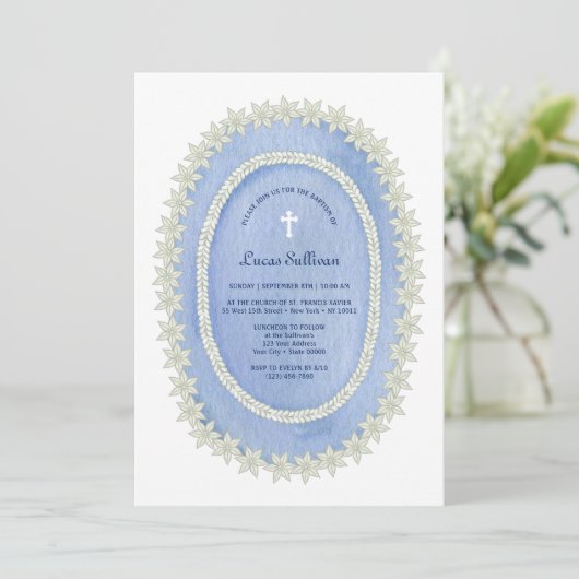 Invitation Baptême du cadre bleu ovale (Debout devant)