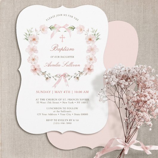 Invitation Baptême du cadre floral rose