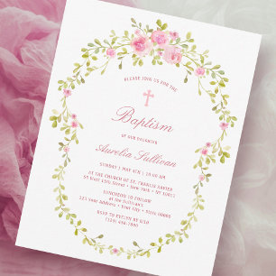 Invitation Baptême du cadre rose Roses