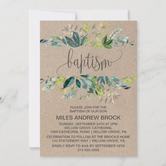 Invitation Baptême du feuillage Kraft (Devant)