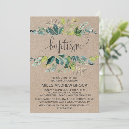 Invitation Baptême du feuillage Kraft (Debout devant)