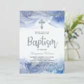 Invitation Baptême Du Garçon Argent Et Bleu (Debout devant)
