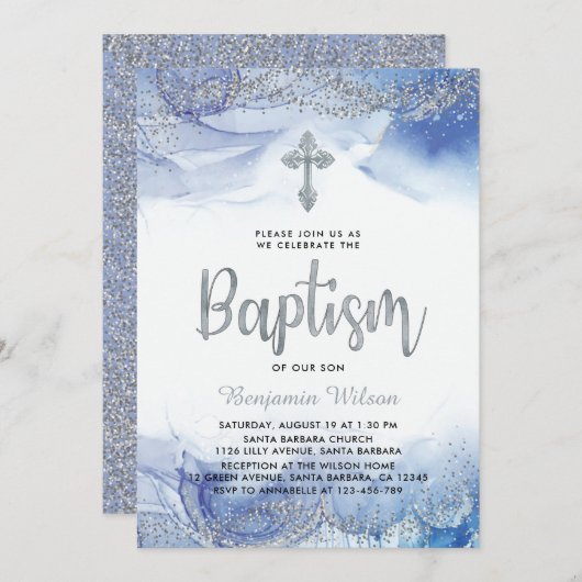 Invitation Baptême Du Garçon Argent Et Bleu (Devant / Derrière)